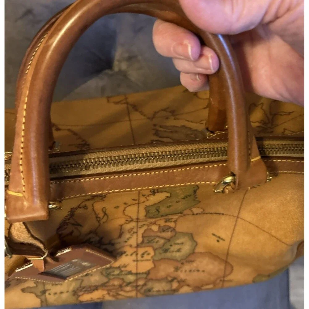 Alviero Martini World Geo Map Boston Satchel Italy canvas cognac leather good!